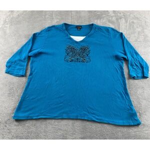 Trilogy by Morning Sun Womens 2X Blue Butterfly Embroidered 3/4 Slv Top V-Neck